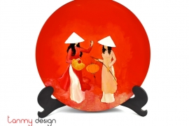 Orange round lacquer dish hand-painted with two girls included with stand 30 cm